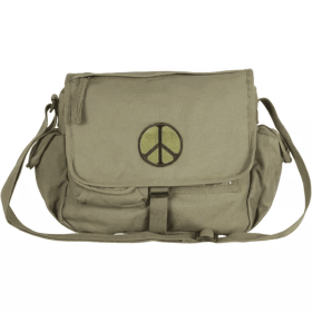 Retro Messenger Bag With Peace Emblem - Olive Drab